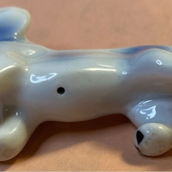 Porcelain Mini Puppy Dog Dachshund Figurine Vintage White W Blue - Picture 3 of 8